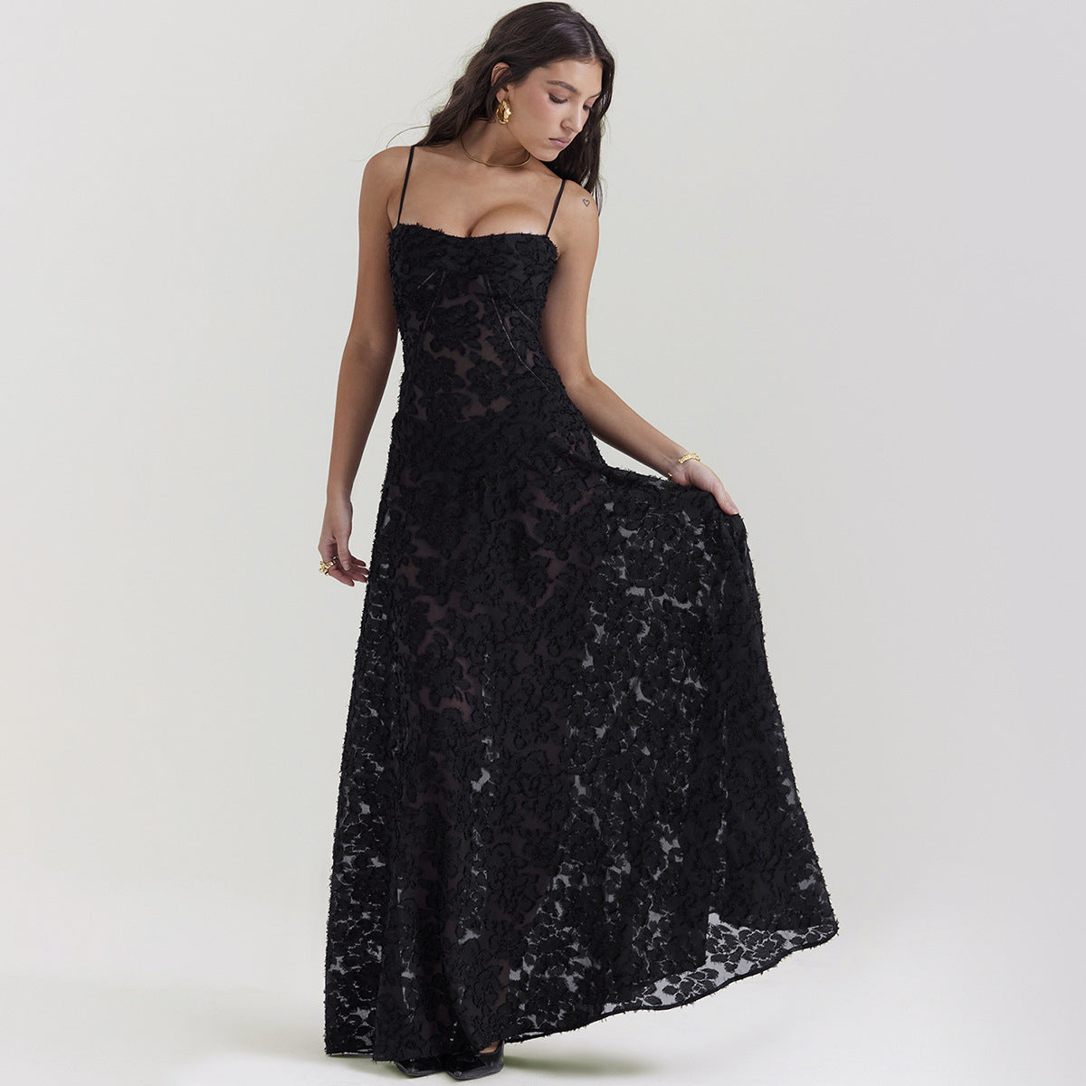 Ladies Elegant Evening Dress with Lace – Long Gala Dress with Spaghetti Straps