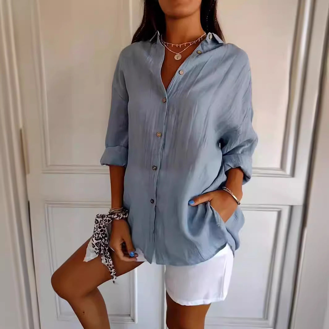 Women's blouse with long sleeves – loose-fitting button-down tunic top for daily use