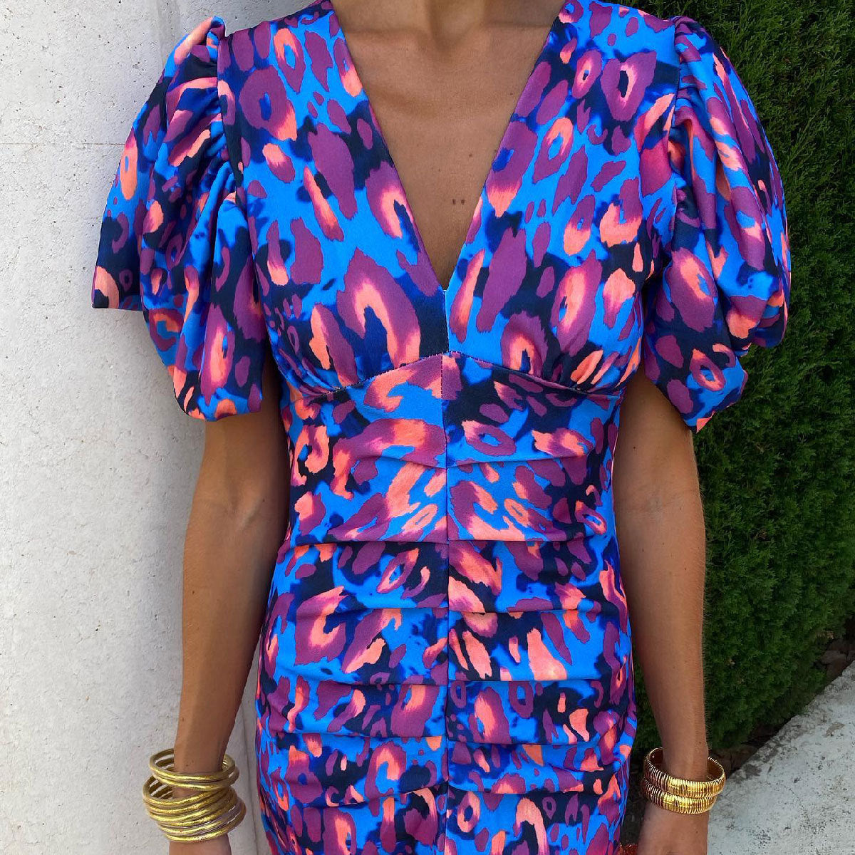 Women's Dress with Puff Sleeves and Elegant Print – Ideal for Parties and Summer Occasions