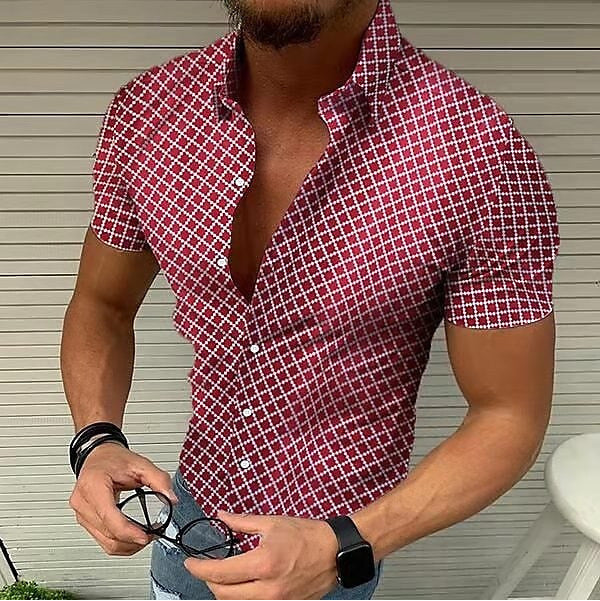 Men's Slim Fit Shirt with Short Sleeves – Casual Geometric Design