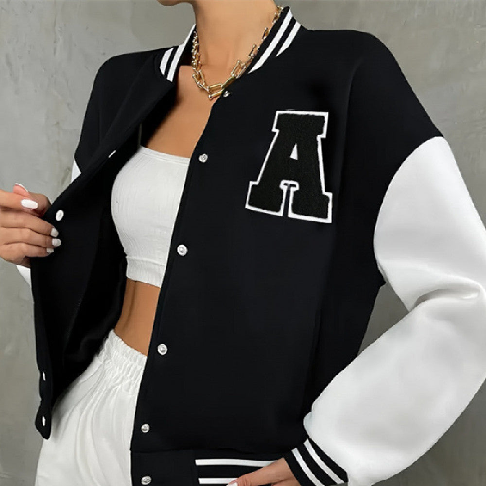 Women's Varsity Bomber Jacket with Letter Print – Sporty College Style for Casual Outfits