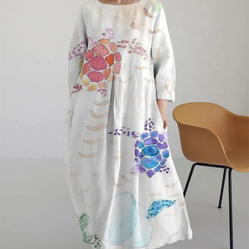Bohemian Ladies Summer Dress with Loose Fit and 3D Floral Print in Linen Look