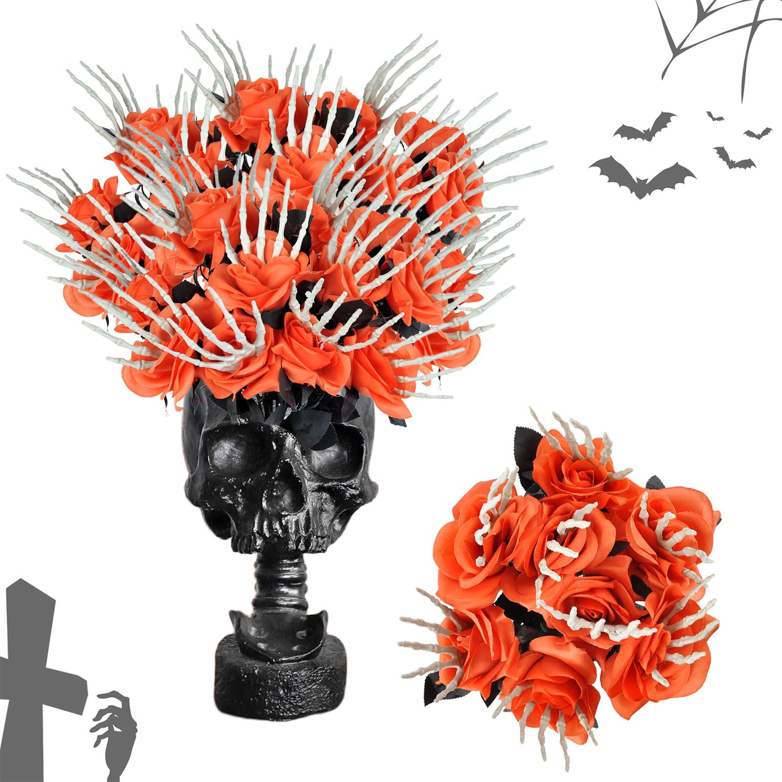 Halloween Jewelry Artificial Flower with Skeleton Hand – Creepy Decoration for Party & Celebration