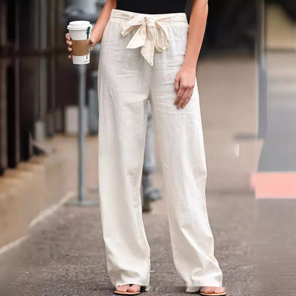 Women's Loose-Fitting Pants with Tie Closure – Comfortable Casual Trousers with High Waist