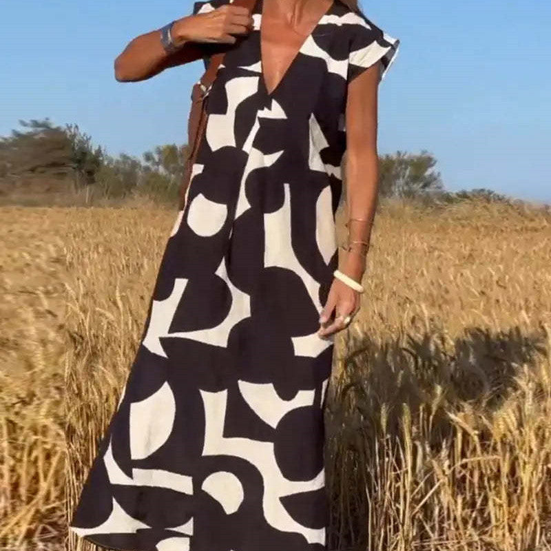 Women's Summer Maxi Dress with Graphic Design – V-Neck and Loose Fit