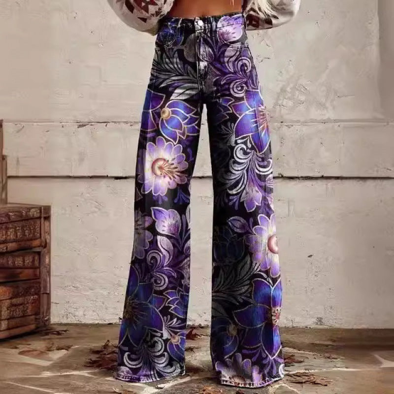 Charlotte – Printed High Waist Imitation Denim Wide Pants