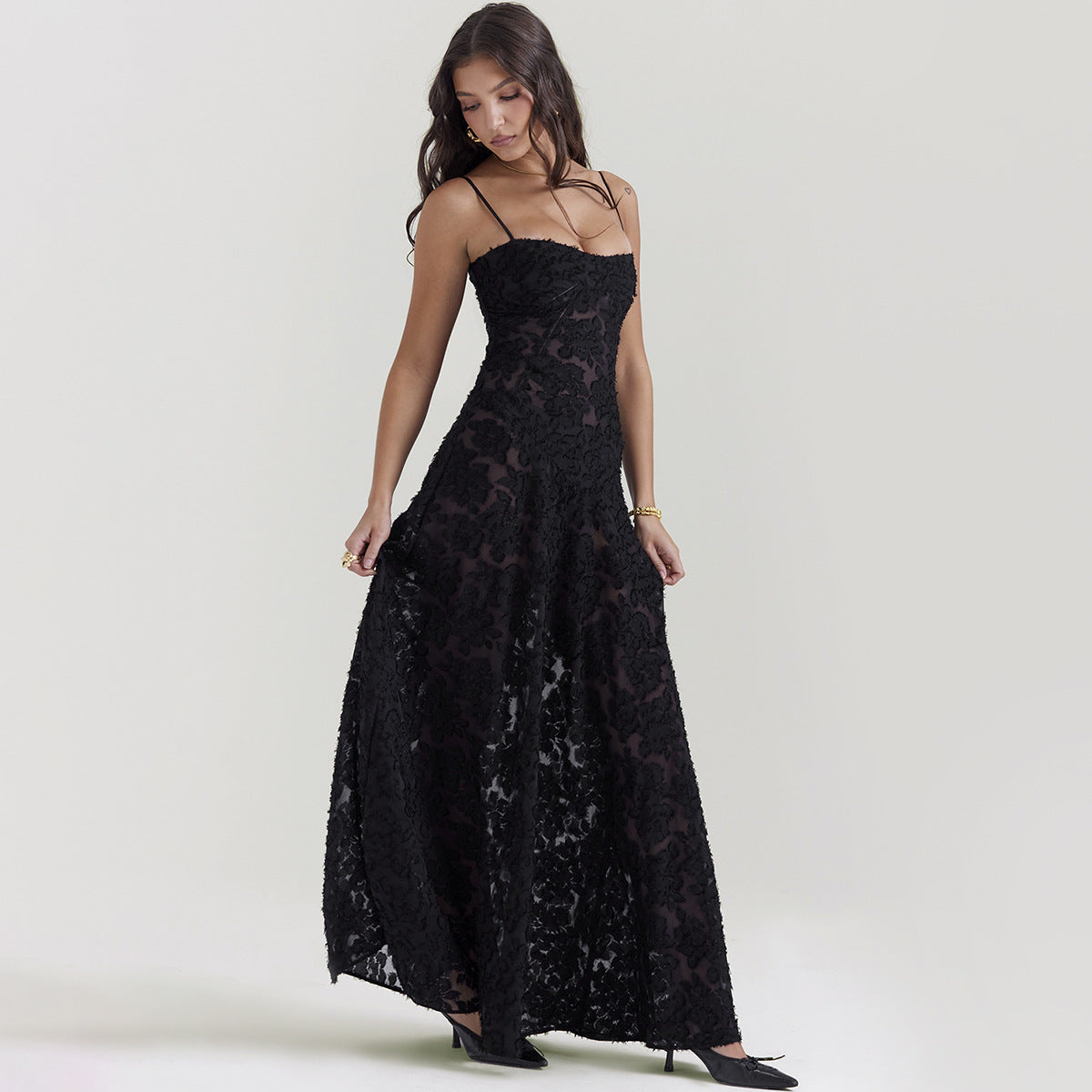 Ladies Elegant Evening Dress with Lace – Long Gala Dress with Spaghetti Straps