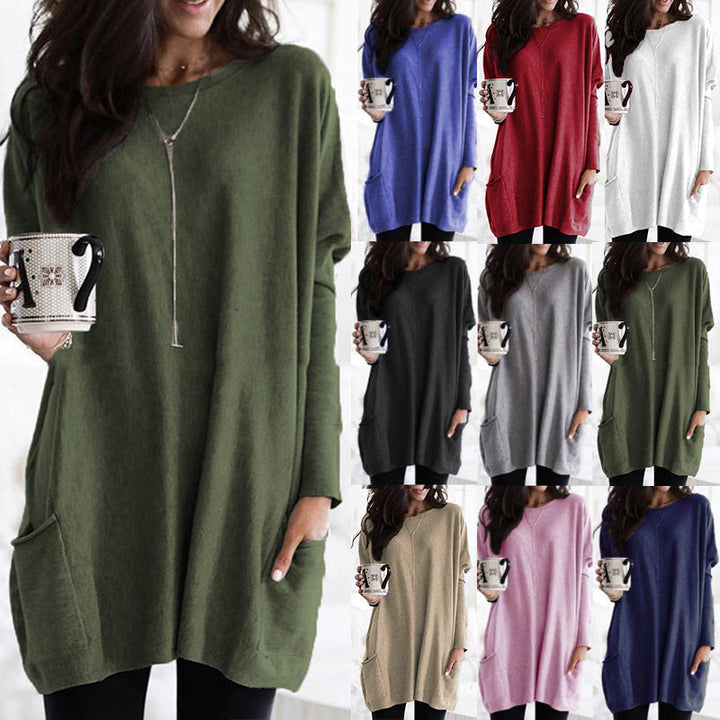 Women's Long Casual Oversized Sweater with Pockets – Comfortable Tunic for Autumn & Winter