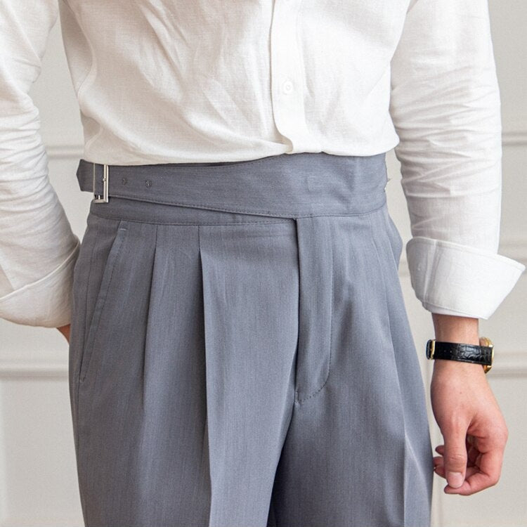 Men's High Waist Custom Pants – Classic Pleated Trousers with Buckle Closure, Business and Formal Style
