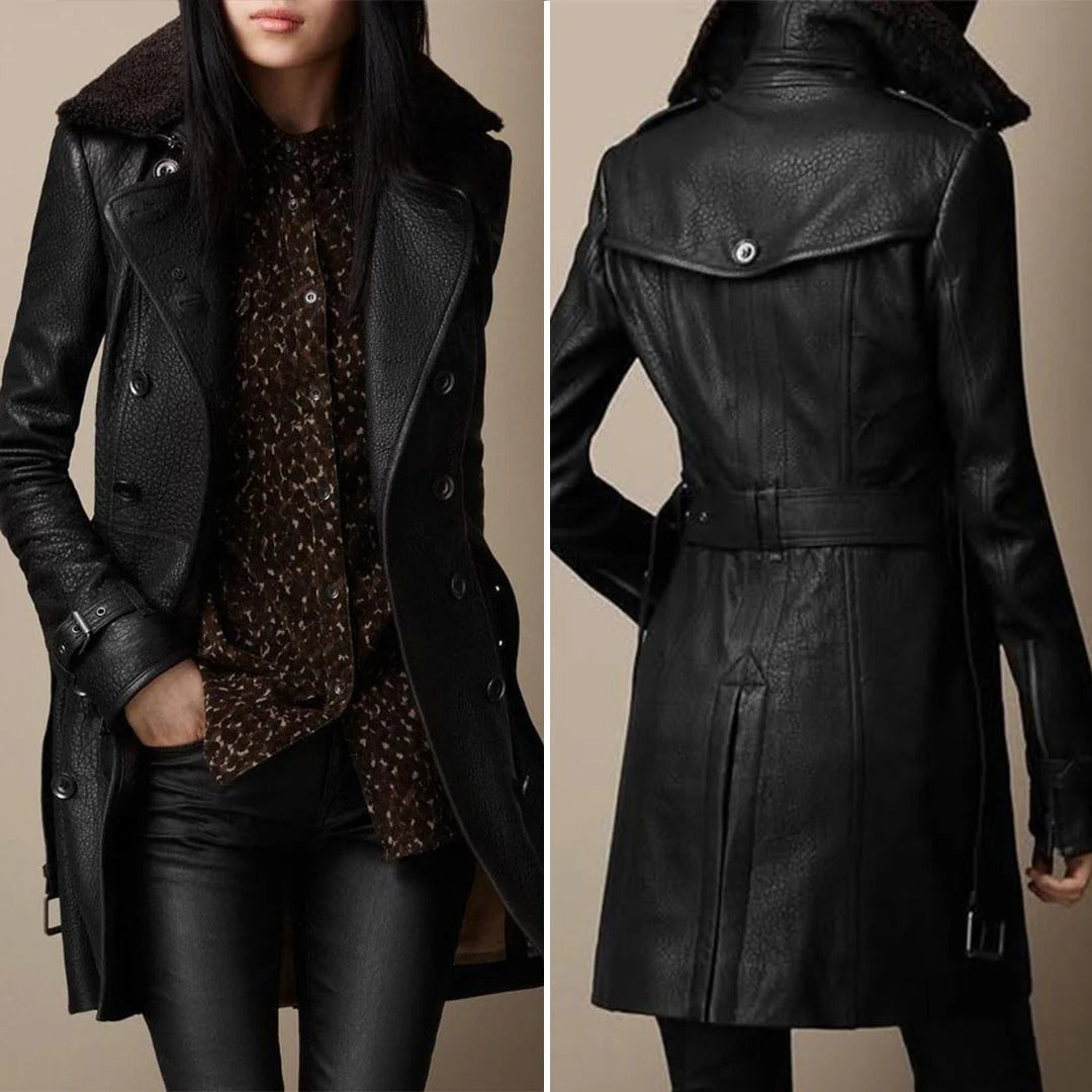Women's Luxury Leather Trench Coat - Fashionable Long Jacket for Stylish Appearance