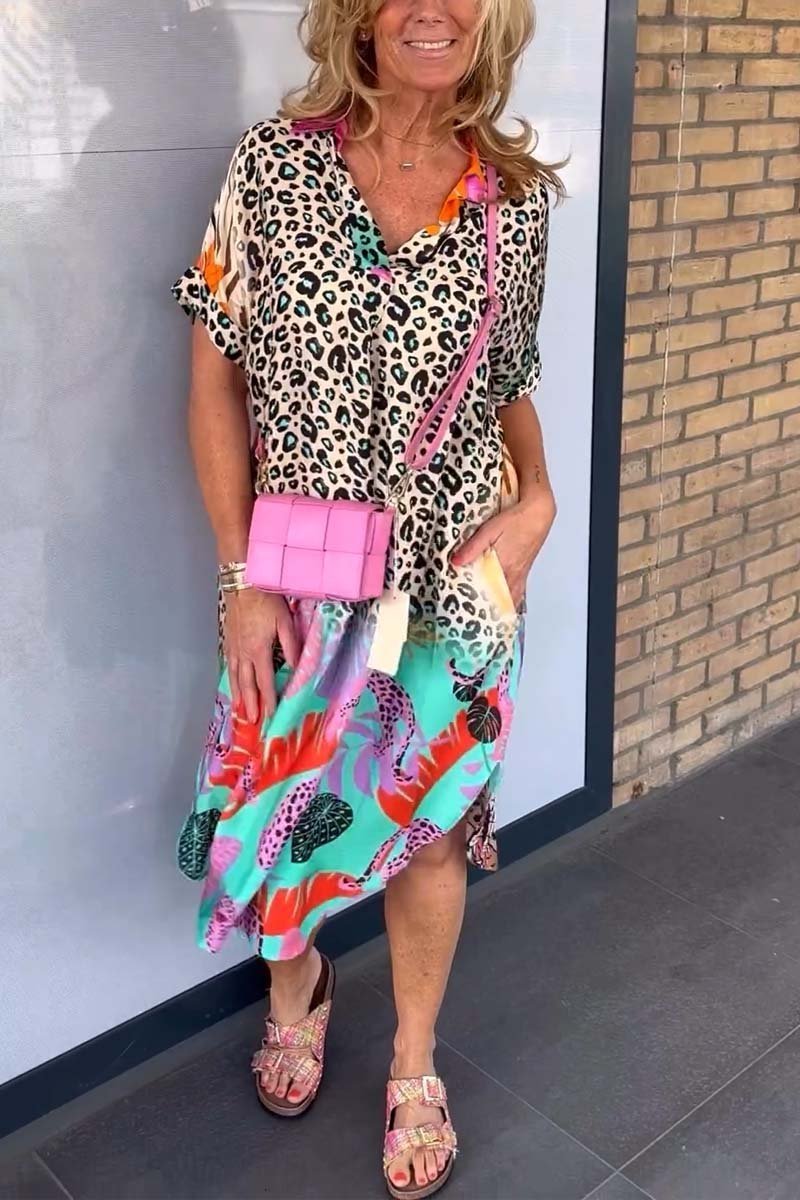 Women's Summer Midi Dress with Leopard Print and Tropical Motifs – Playful Beach Dress for Warm Days
