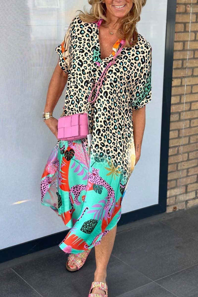 Women's Summer Midi Dress with Leopard Print and Tropical Motifs – Playful Beach Dress for Warm Days