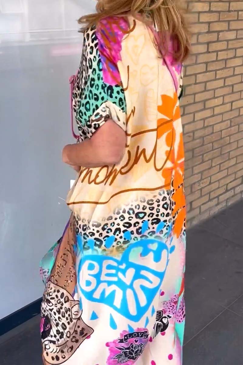 Women's Summer Midi Dress with Leopard Print and Tropical Motifs – Playful Beach Dress for Warm Days
