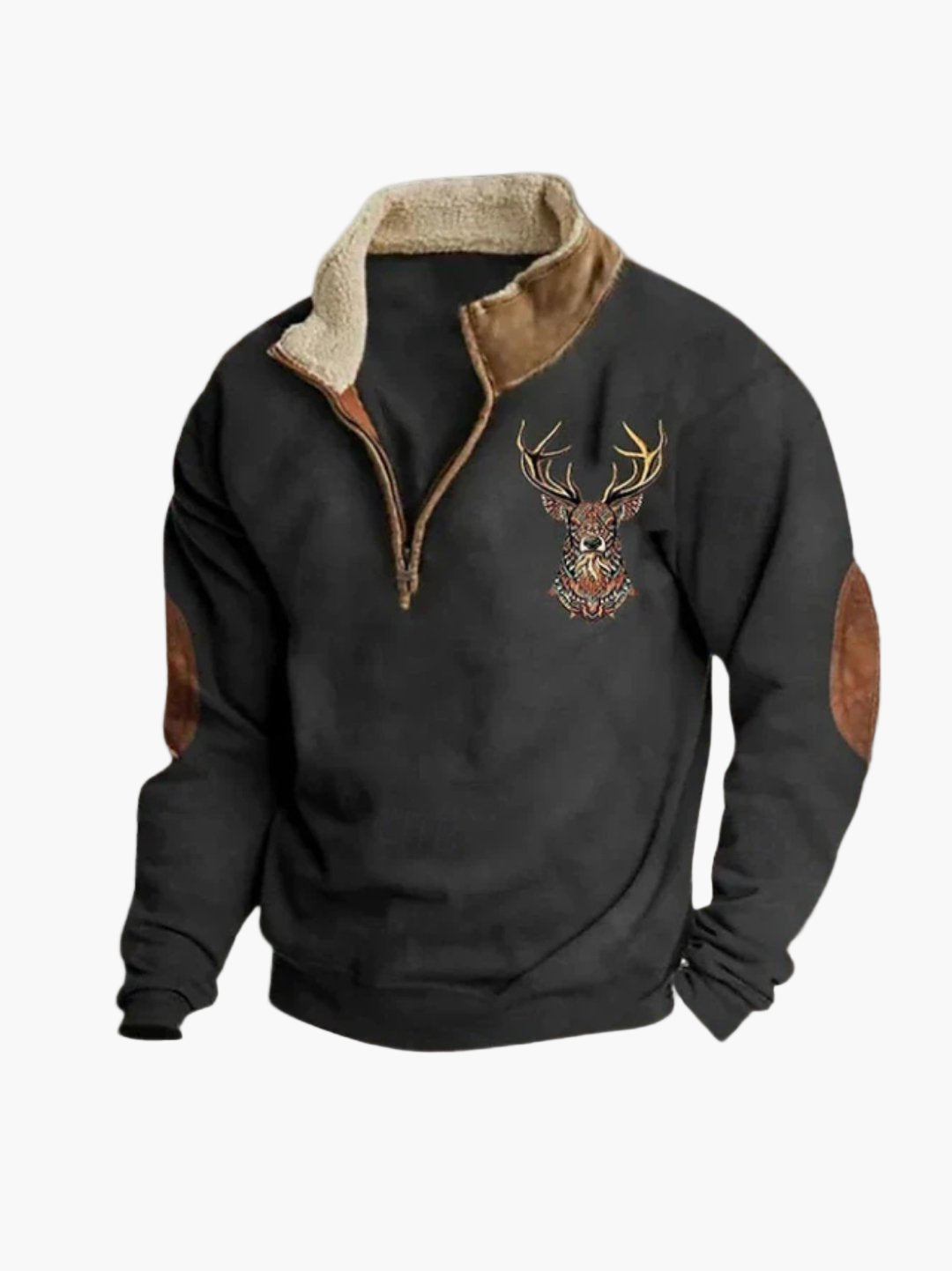 Men's Fleece Sweater with Quarter Zip and Deer Design – Warm Casual Outdoor Sweater