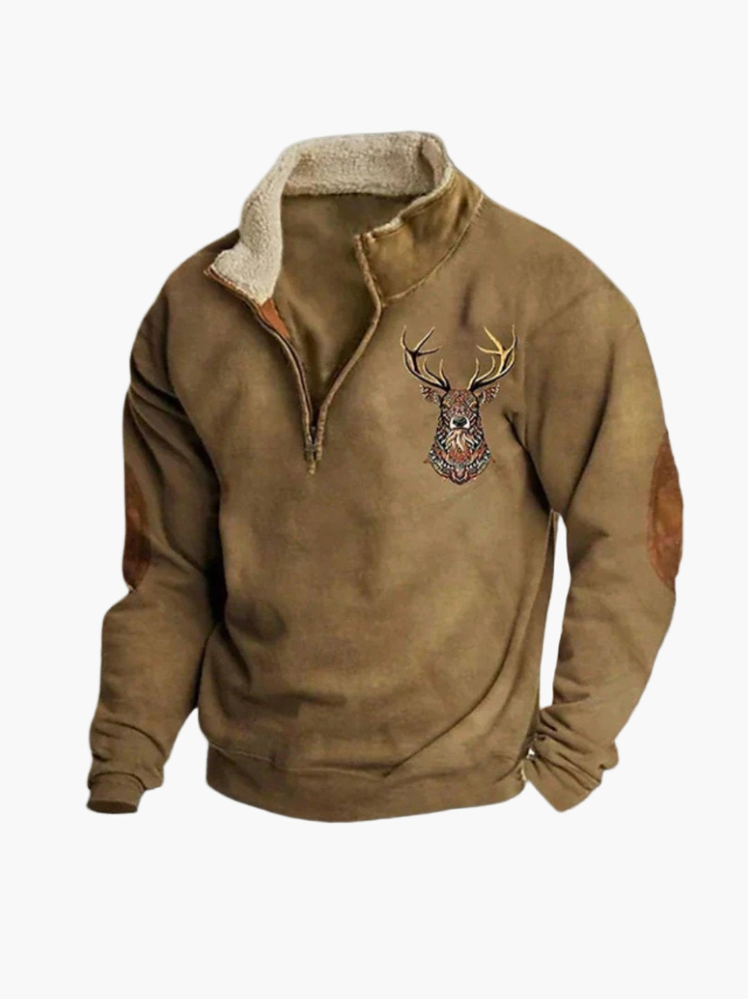 Men's Fleece Sweater with Quarter Zip and Deer Design – Warm Casual Outdoor Sweater