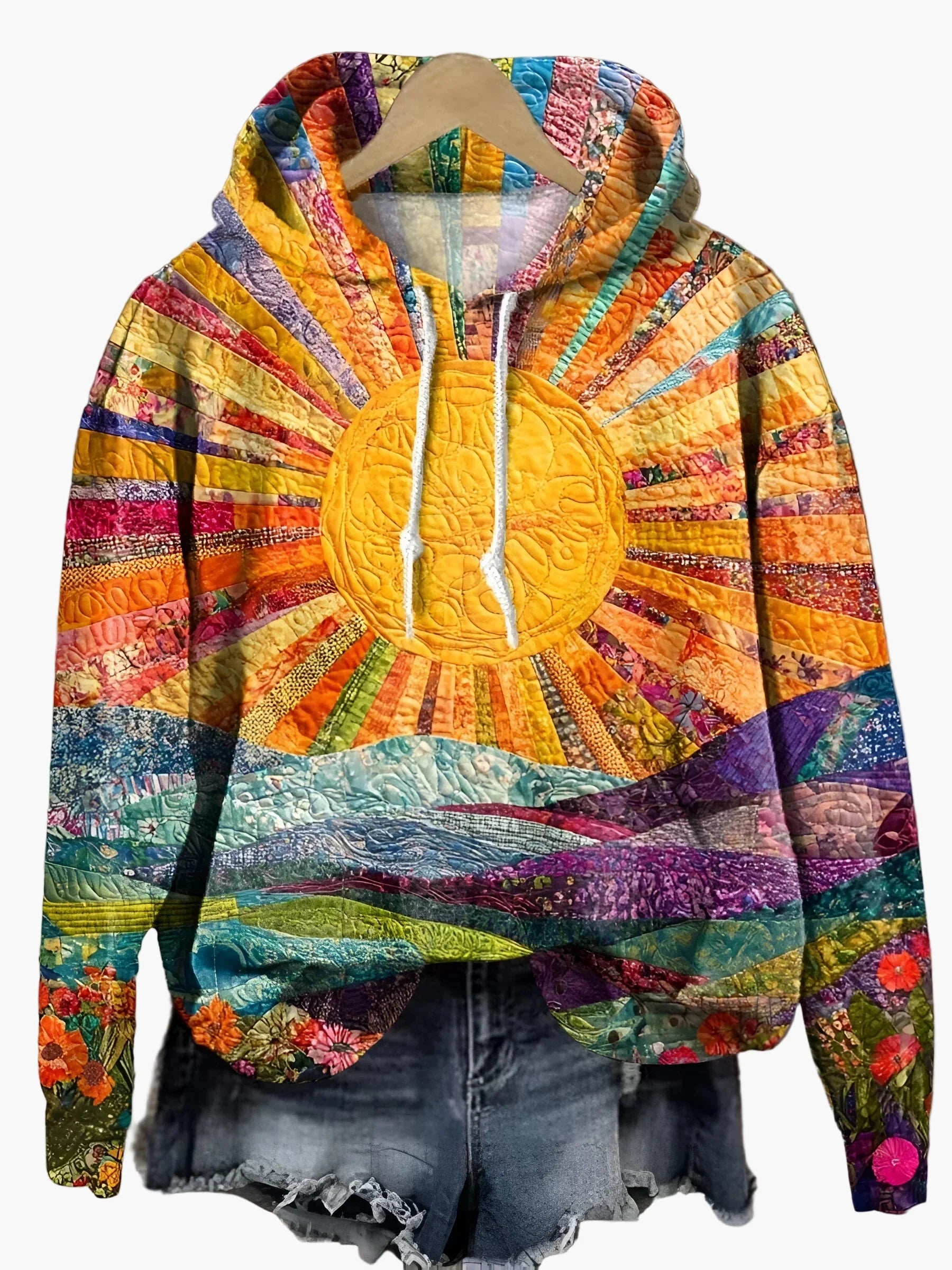 Women's Hoodie Artistic Sunrise Patchwork Style – Casual Comfort & Creative Look