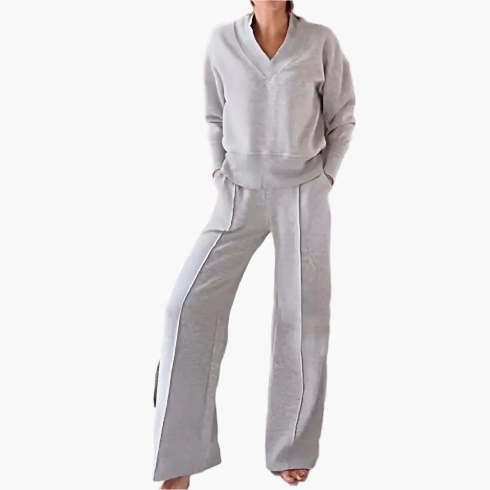 Women's Loungewear Set – Elegant 2-Piece Lounge and Sports Outfit with V-neck and Wide Pants