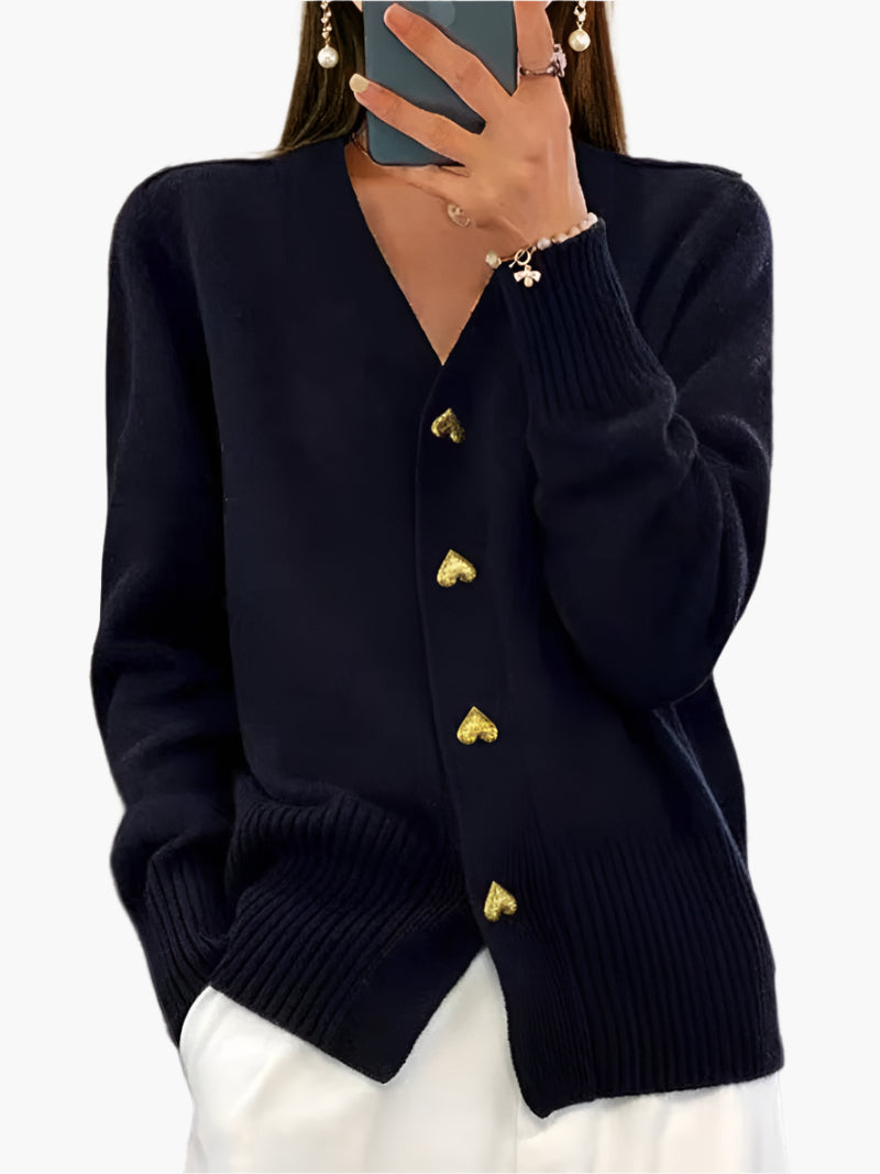Women's V-neck Knitted Cardigan with Heart-shaped Buttons – Stylish Casual Cardigan for Winter & Autumn