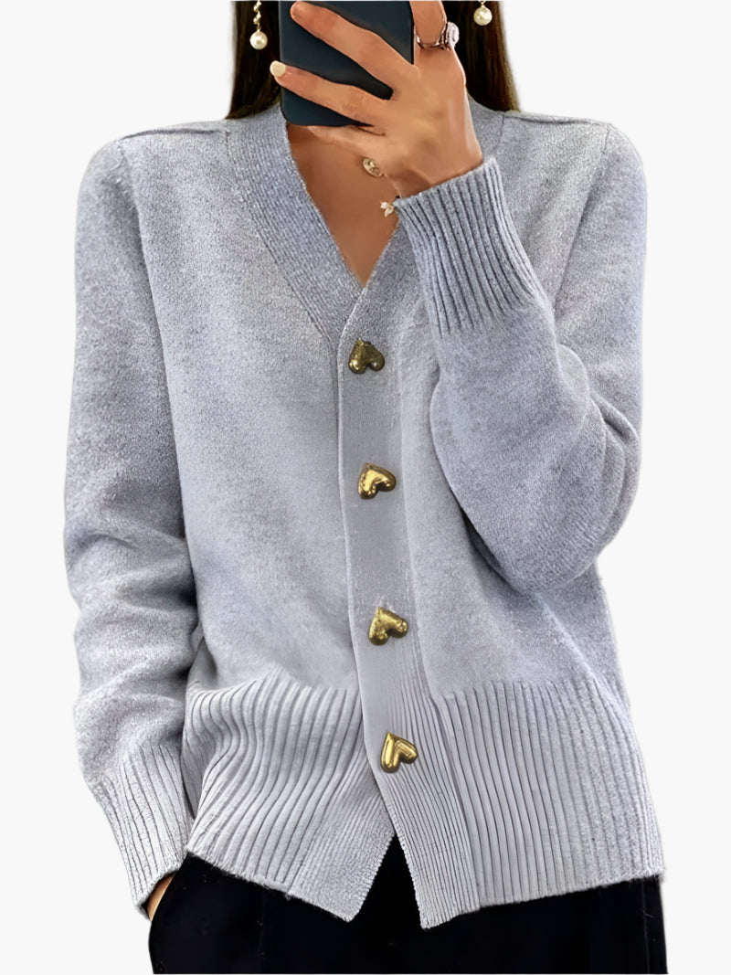 Women's V-neck Knitted Cardigan with Heart-shaped Buttons – Stylish Casual Cardigan for Winter & Autumn