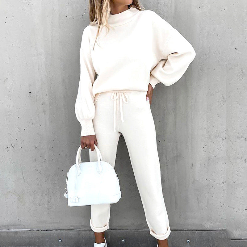 Women's Lounge Suit Two-Piece Set with Turtleneck and High Waist Pants – Comfortable Loungewear Style